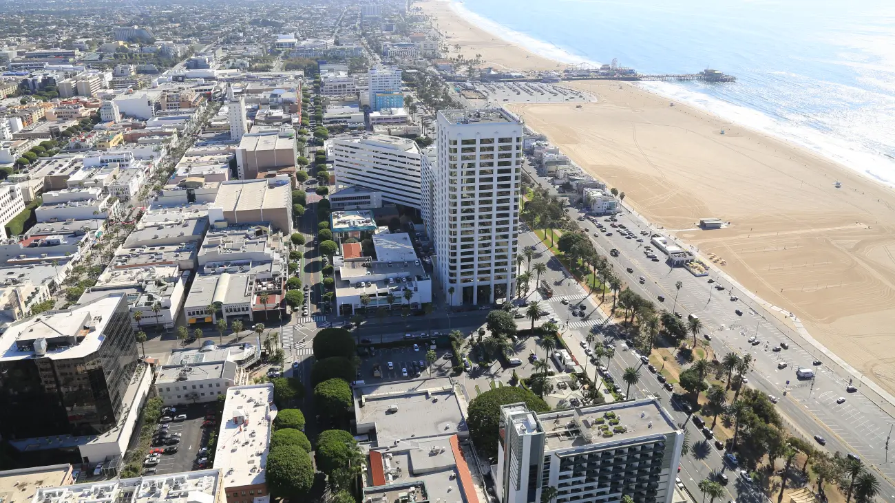 Aerial view of the 405 and 10 freeway intersection in WLA